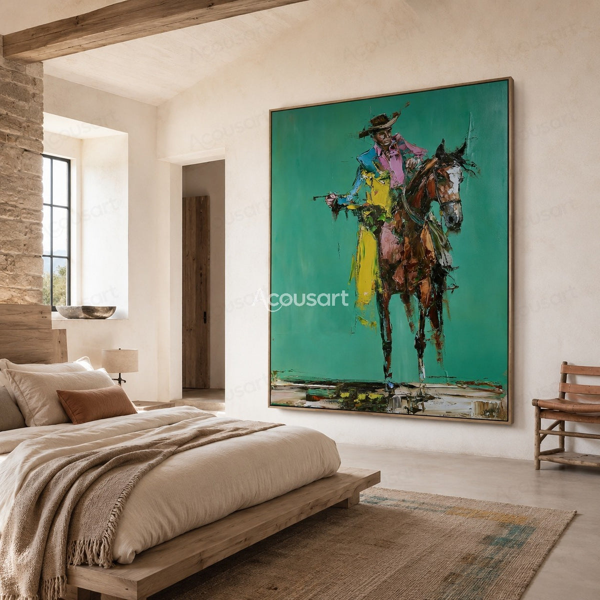 Colorful cowboy riding a horse wall art with bold brushstrokes and teal background