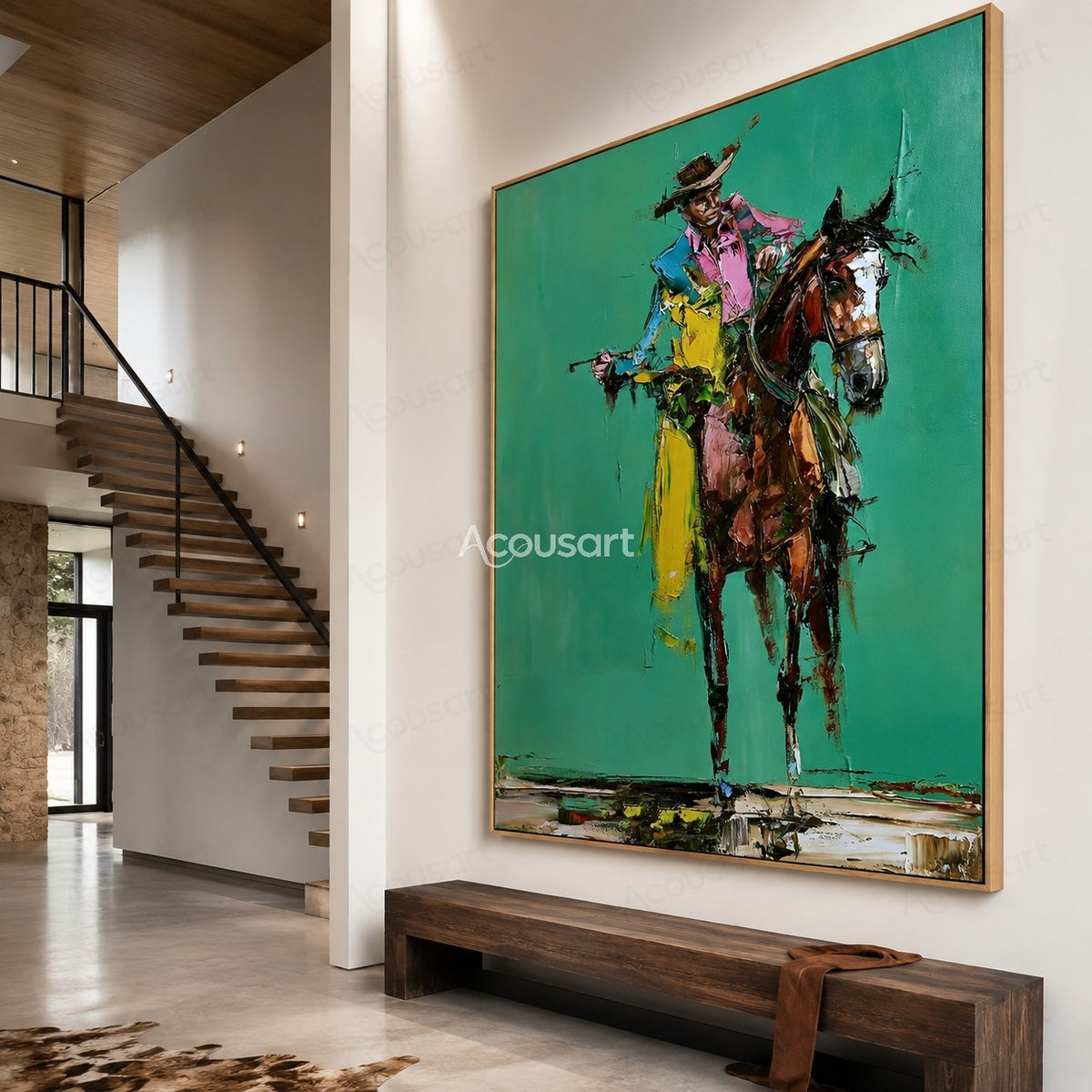 Colorful cowboy riding a horse wall art with bold brushstrokes and teal background