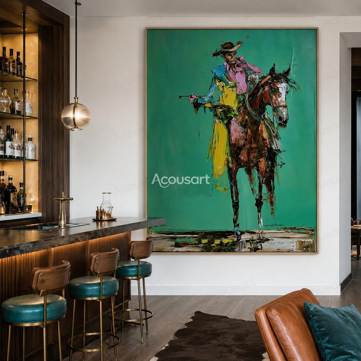 Colorful cowboy riding a horse wall art with bold brushstrokes and teal background