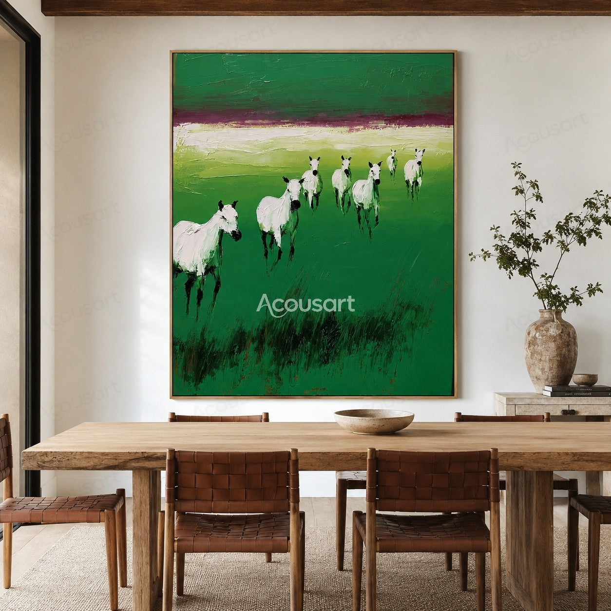 White horses running across a green meadow landscape painting with textured brushstrokes