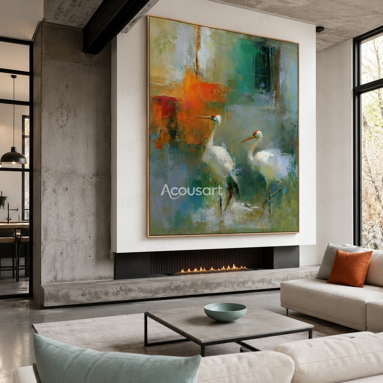 Two white cranes standing in a peaceful abstract blue green landscape painting with textured brushstrokes
