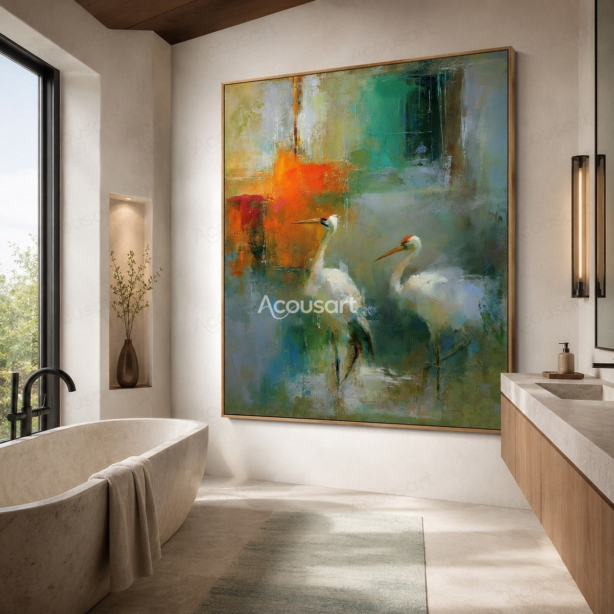 Two white cranes standing in a peaceful abstract blue green landscape painting with textured brushstrokes