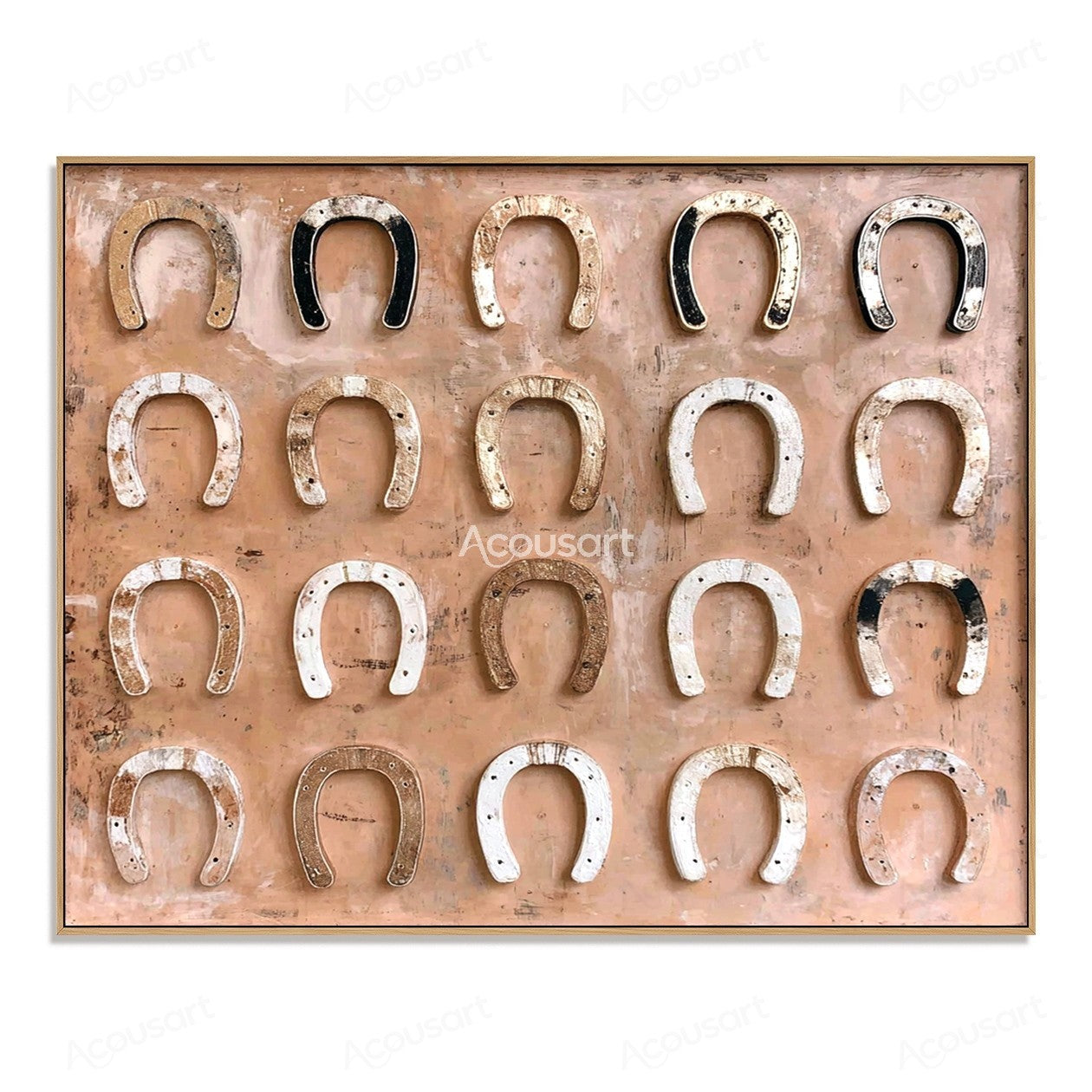 Western horseshoe wall art with vintage horseshoes on a soft peach background