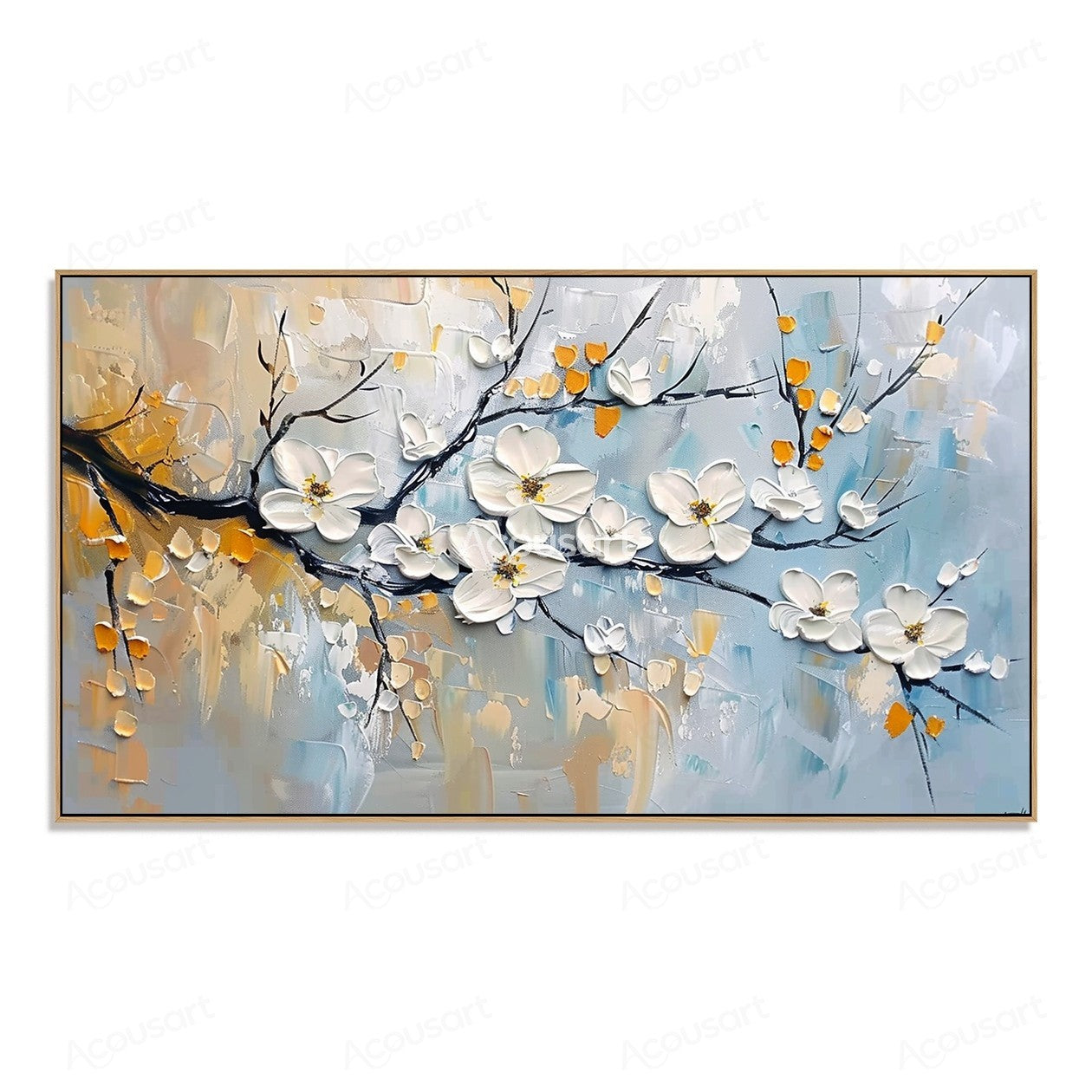 Textured white blossom wall art with dark branches, gold accents, and soft blue background