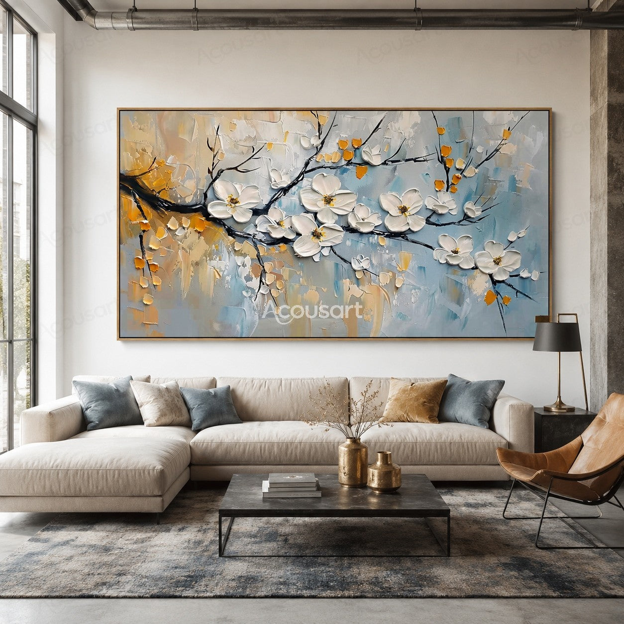Textured white blossom wall art with dark branches, gold accents, and soft blue background