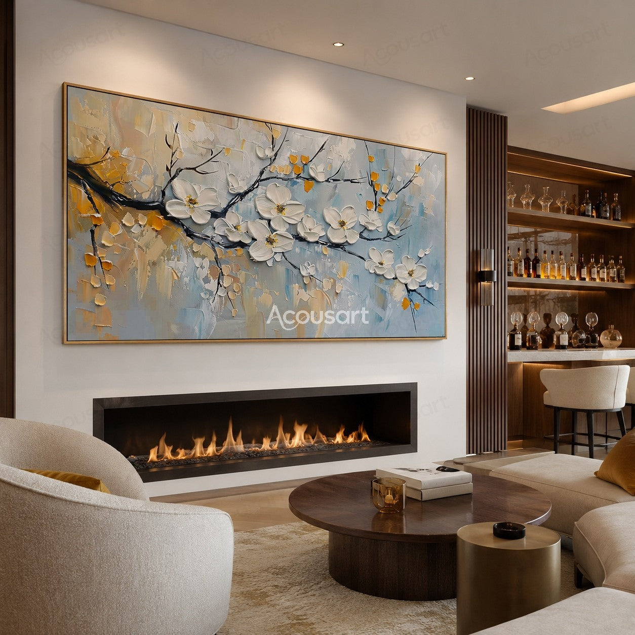 Textured white blossom wall art with dark branches, gold accents, and soft blue background
