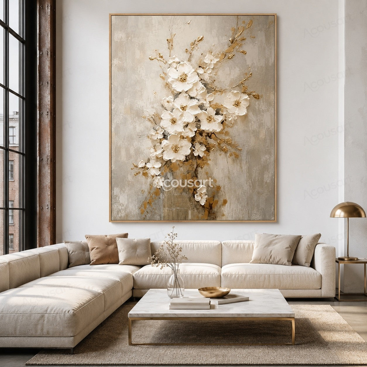 White textured floral wall art with golden branches and blossoms on a neutral beige background