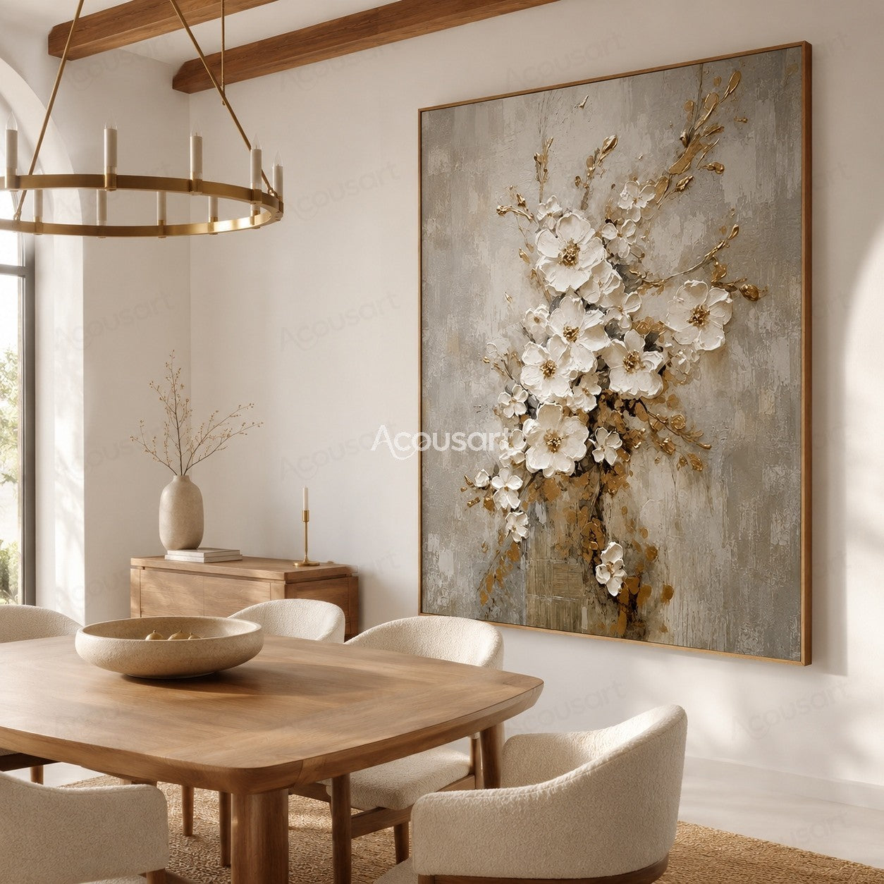 White textured floral wall art with golden branches and blossoms on a neutral beige background