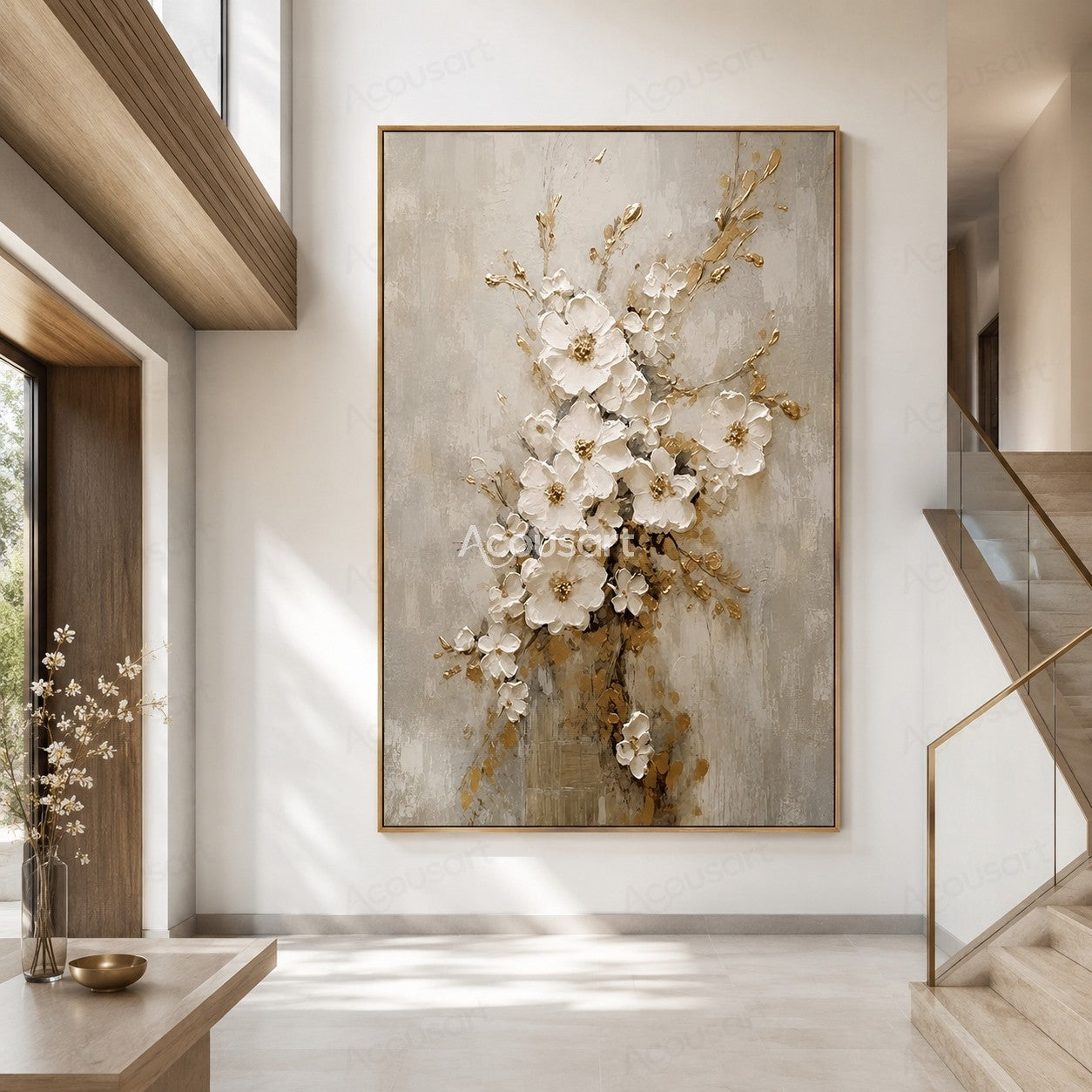 White textured floral wall art with golden branches and blossoms on a neutral beige background