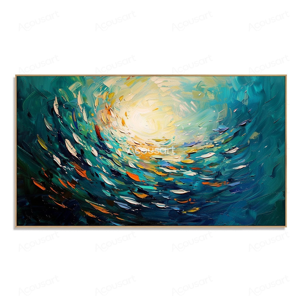 Abstract ocean wave painting with blue teal waves, golden sunlight, and textured brushstrokes