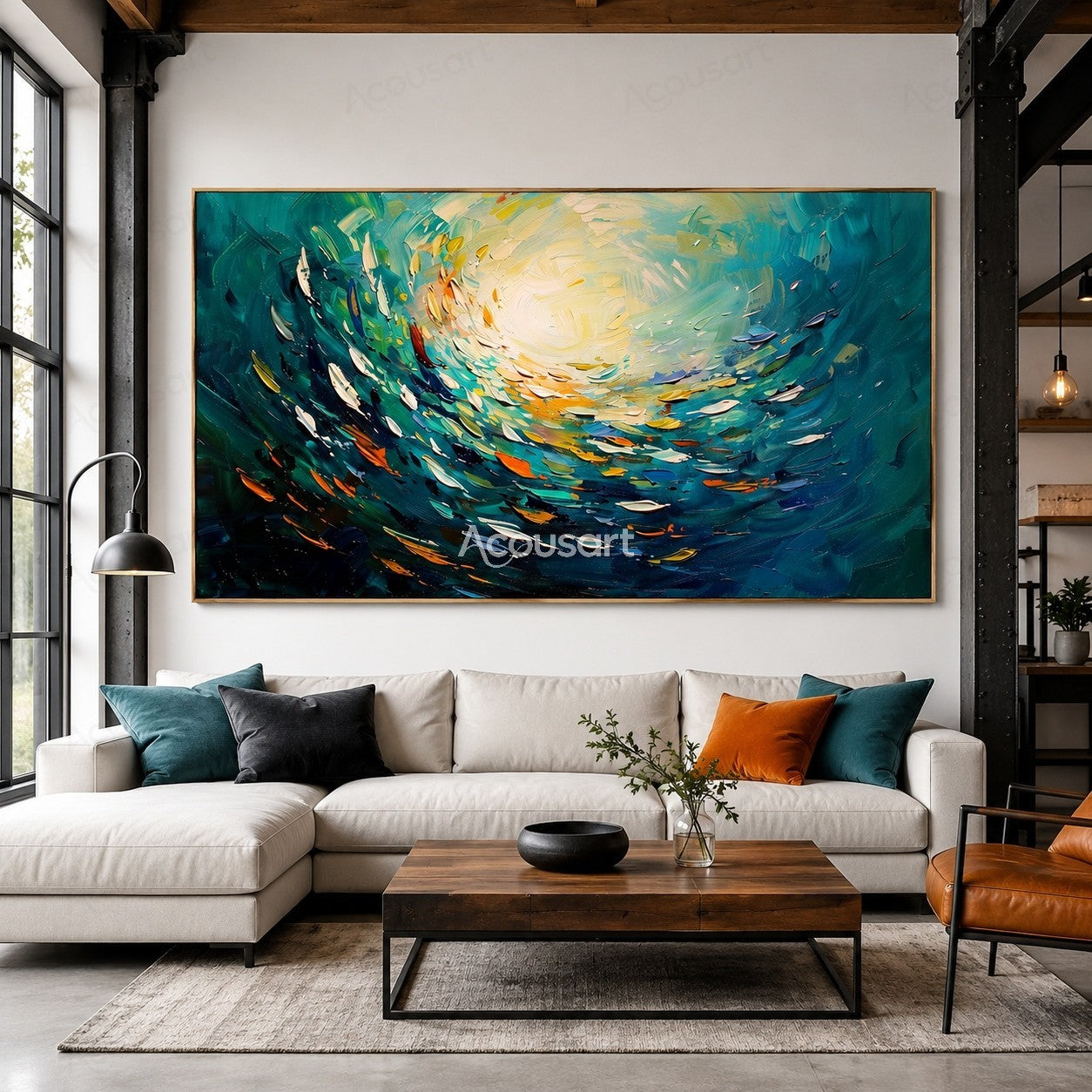 Abstract ocean wave painting with blue teal waves, golden sunlight, and textured brushstrokes