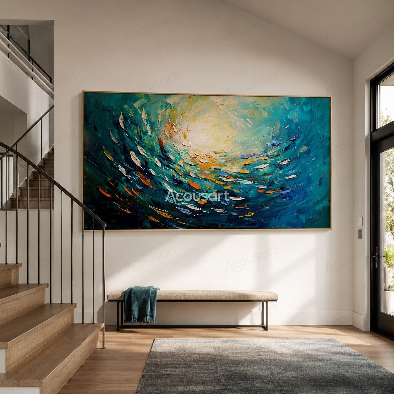 Abstract ocean wave painting with blue teal waves, golden sunlight, and textured brushstrokes