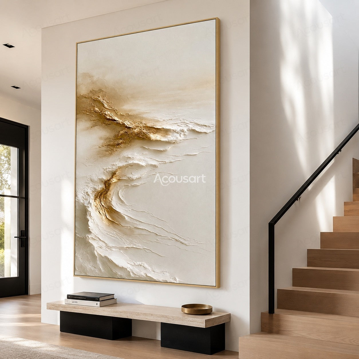 Neutral textured abstract wall art with white layered waves and golden organic lines