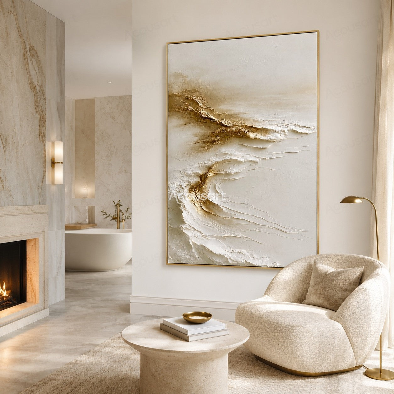 Neutral textured abstract wall art with white layered waves and golden organic lines