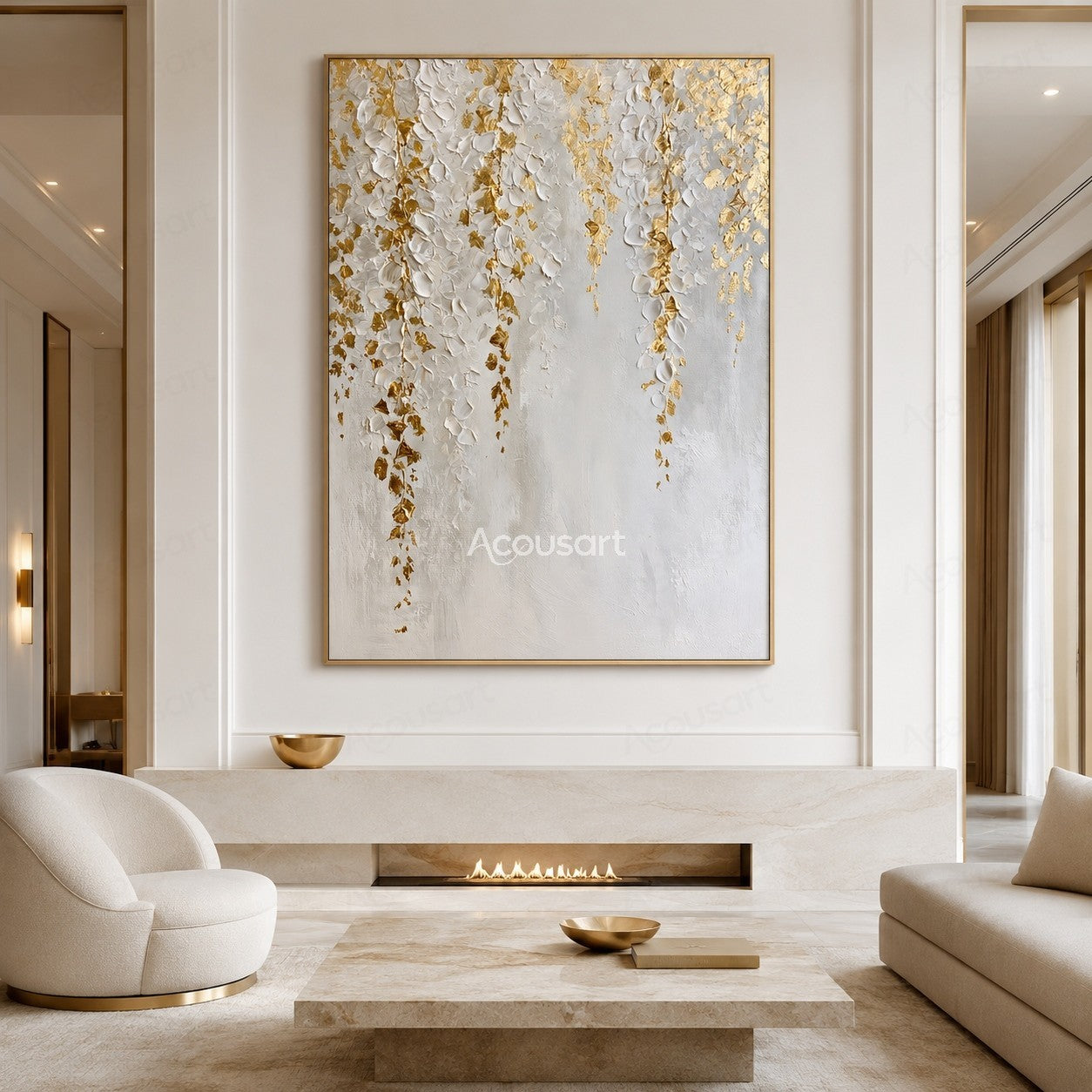 White and gold textured floral wall art with raised white petals and golden accents on a neutral background