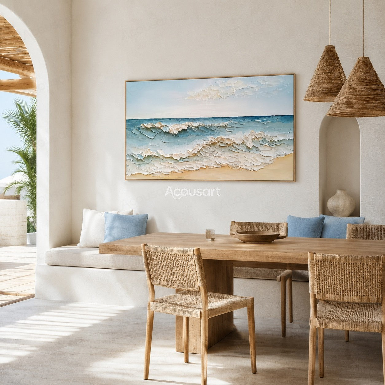 Textured ocean wave wall art with blue sea, white foam waves, sandy beach, and soft sky