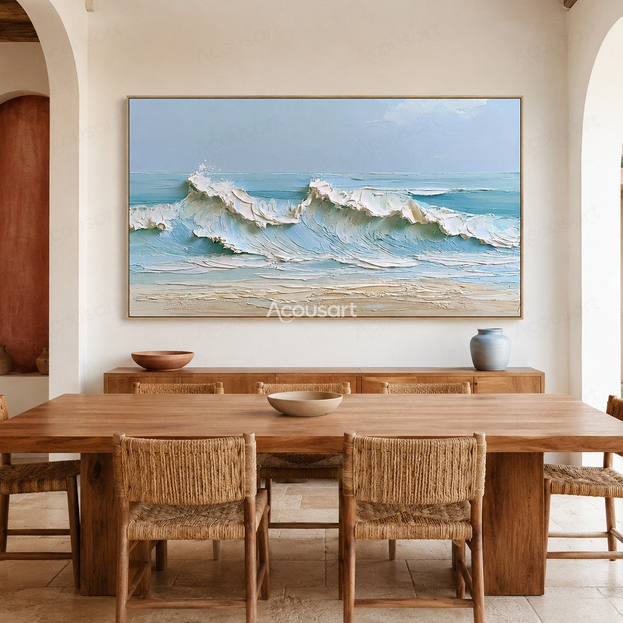 Textured ocean wave wall art with blue waves, white foam, sandy beach, and soft sky