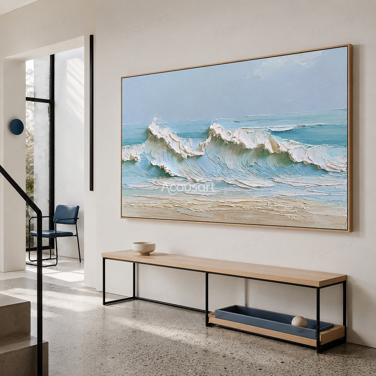 Textured ocean wave wall art with blue waves, white foam, sandy beach, and soft sky