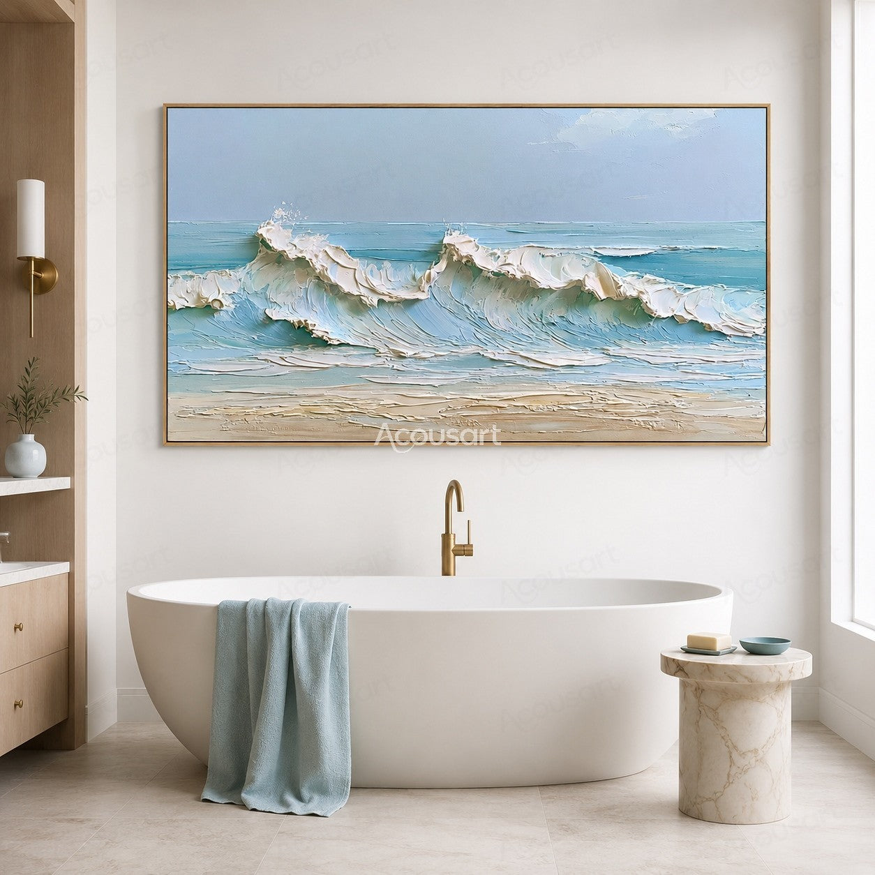 Textured ocean wave wall art with blue waves, white foam, sandy beach, and soft sky