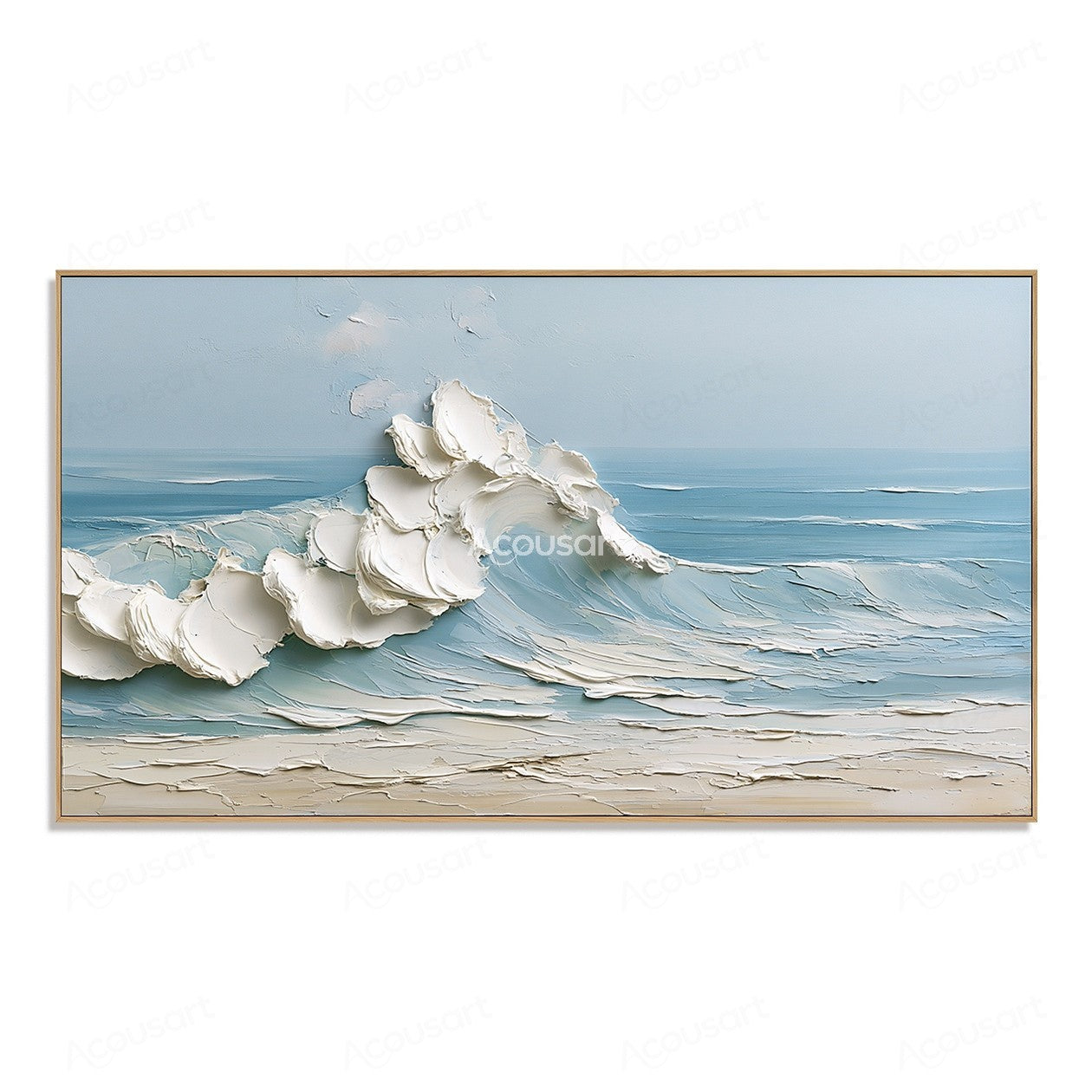Textured ocean wave wall art with soft blue water, white foam, and sandy beach
