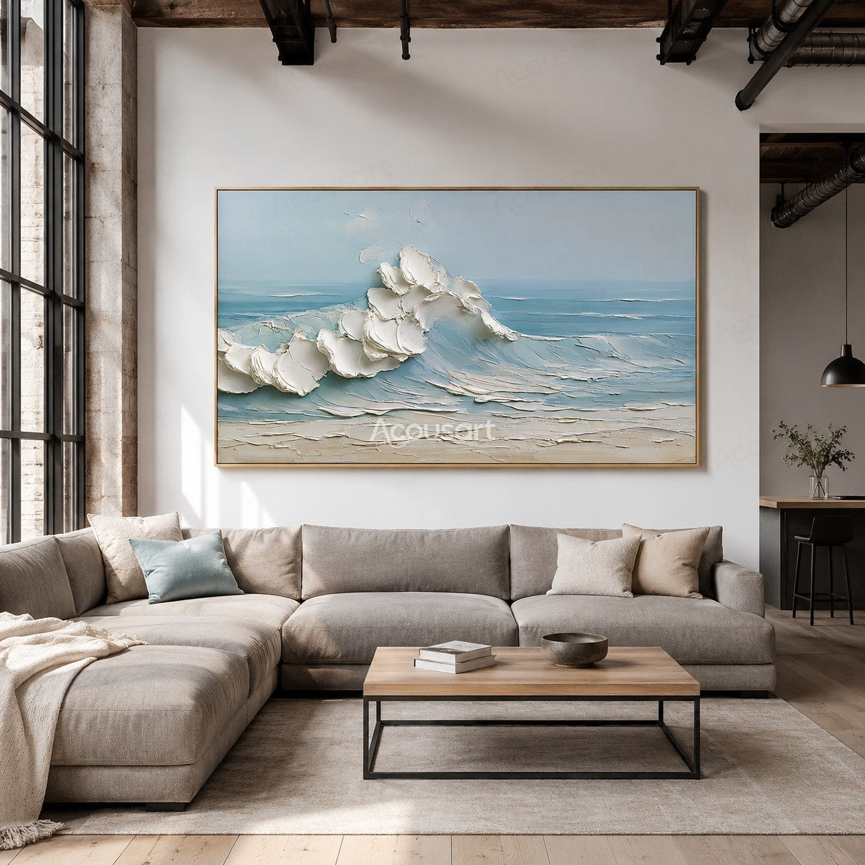 Textured ocean wave wall art with soft blue water, white foam, and sandy beach