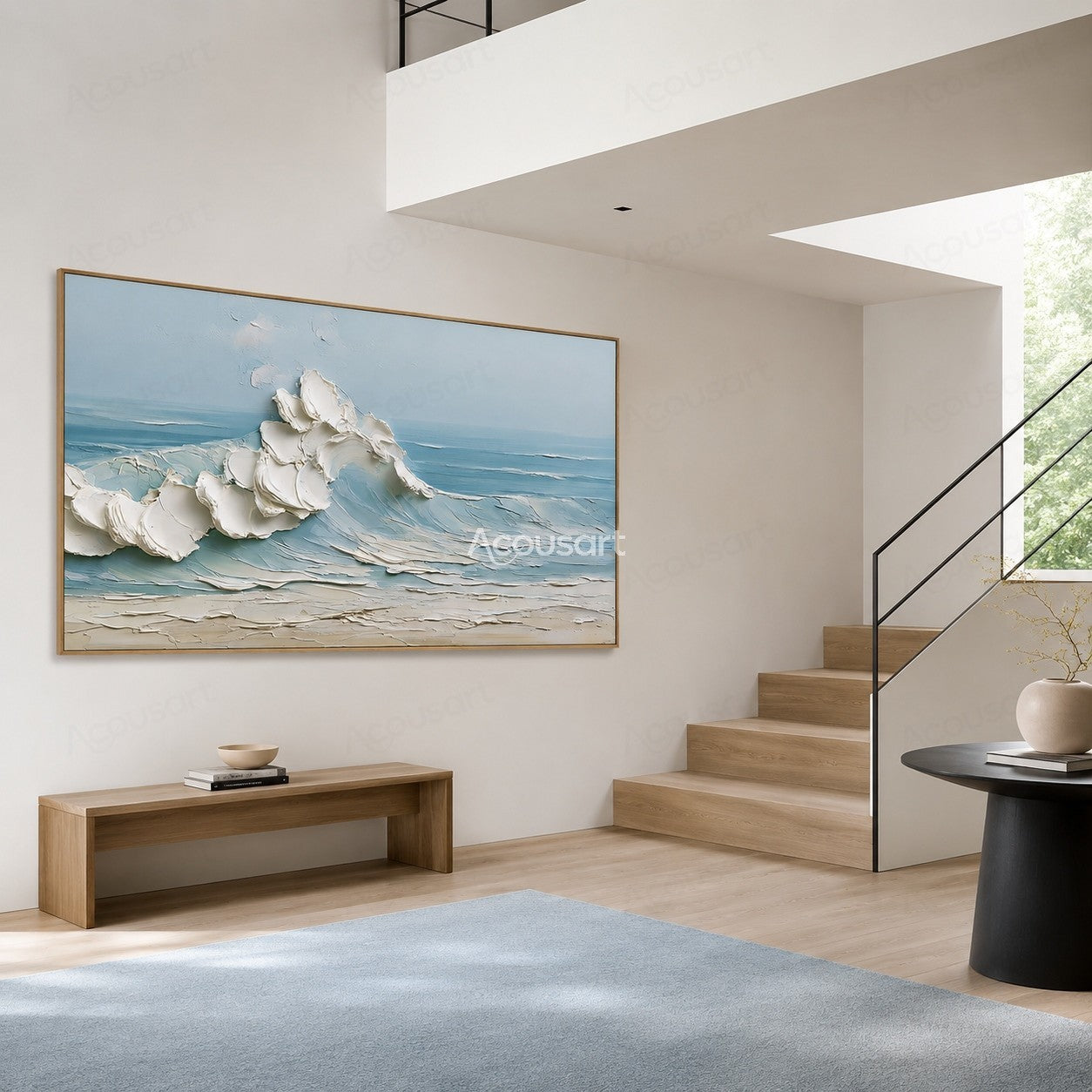Textured ocean wave wall art with soft blue water, white foam, and sandy beach