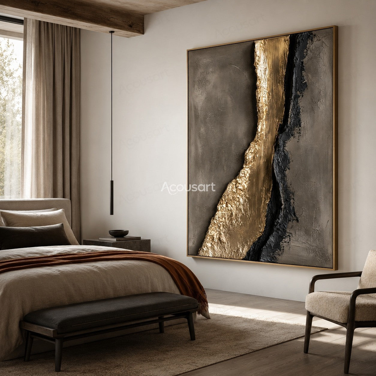 Gold and black textured abstract wall art on a gray background with raised metallic details