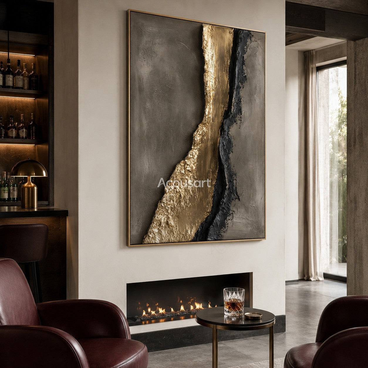 Gold and black textured abstract wall art on a gray background with raised metallic details
