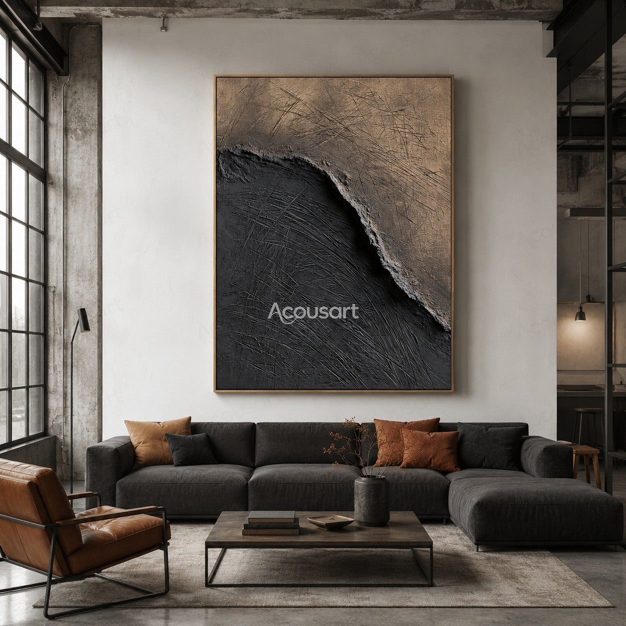 Black beige textured abstract wall art with a curved divide and layered scratched surface