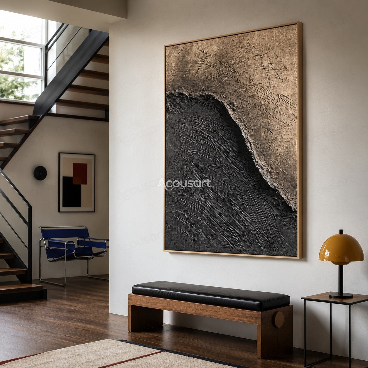 Black beige textured abstract wall art with a curved divide and layered scratched surface