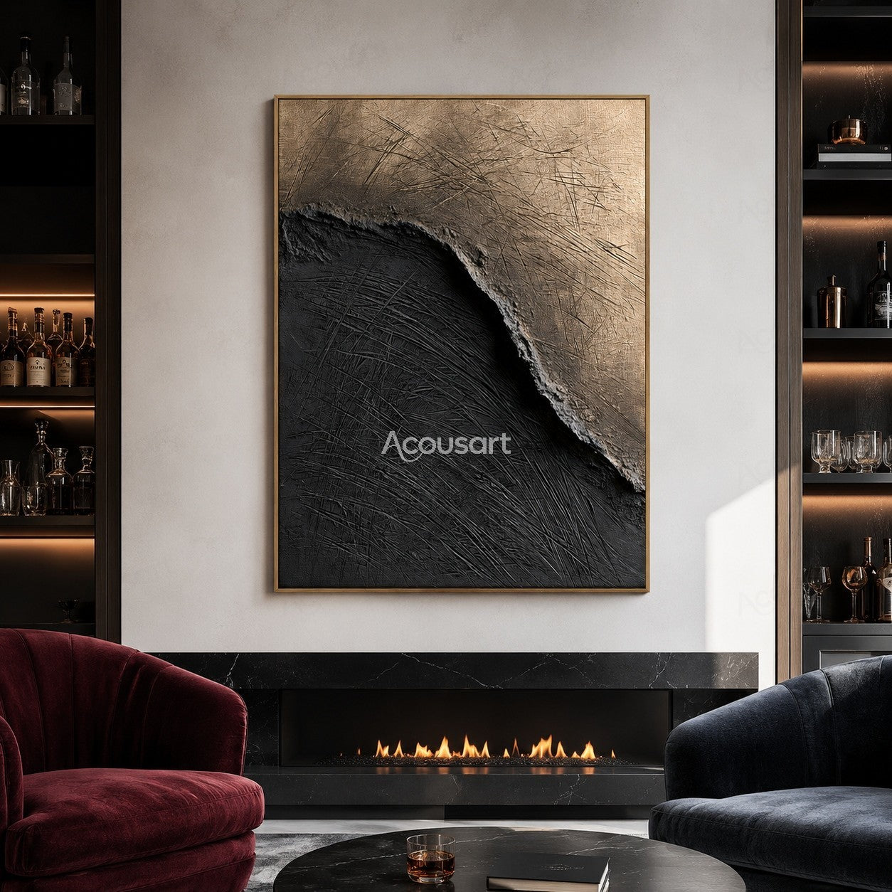 Black beige textured abstract wall art with a curved divide and layered scratched surface