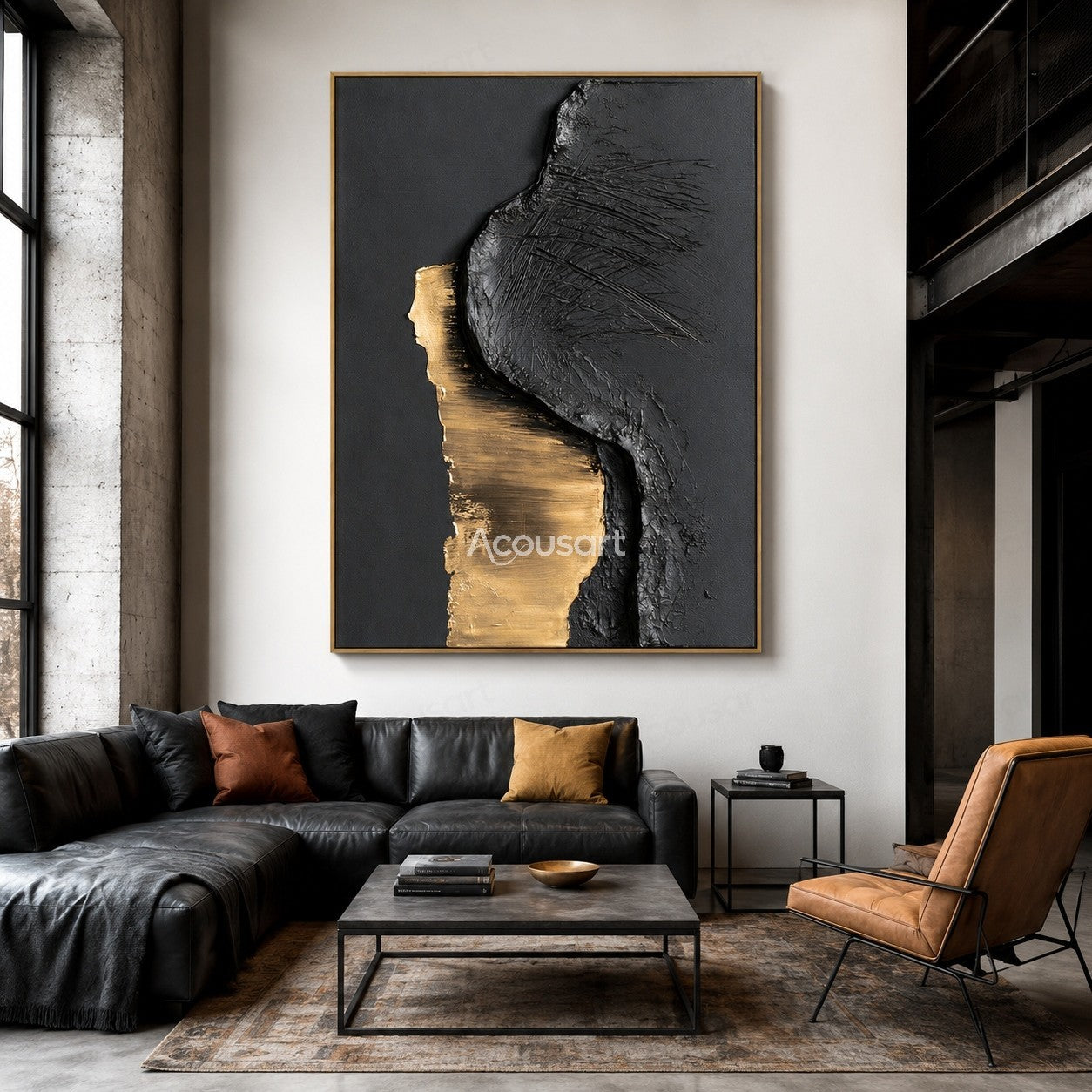 Black and gold textured abstract wall art with raised metallic gold shape and scratched black surface
