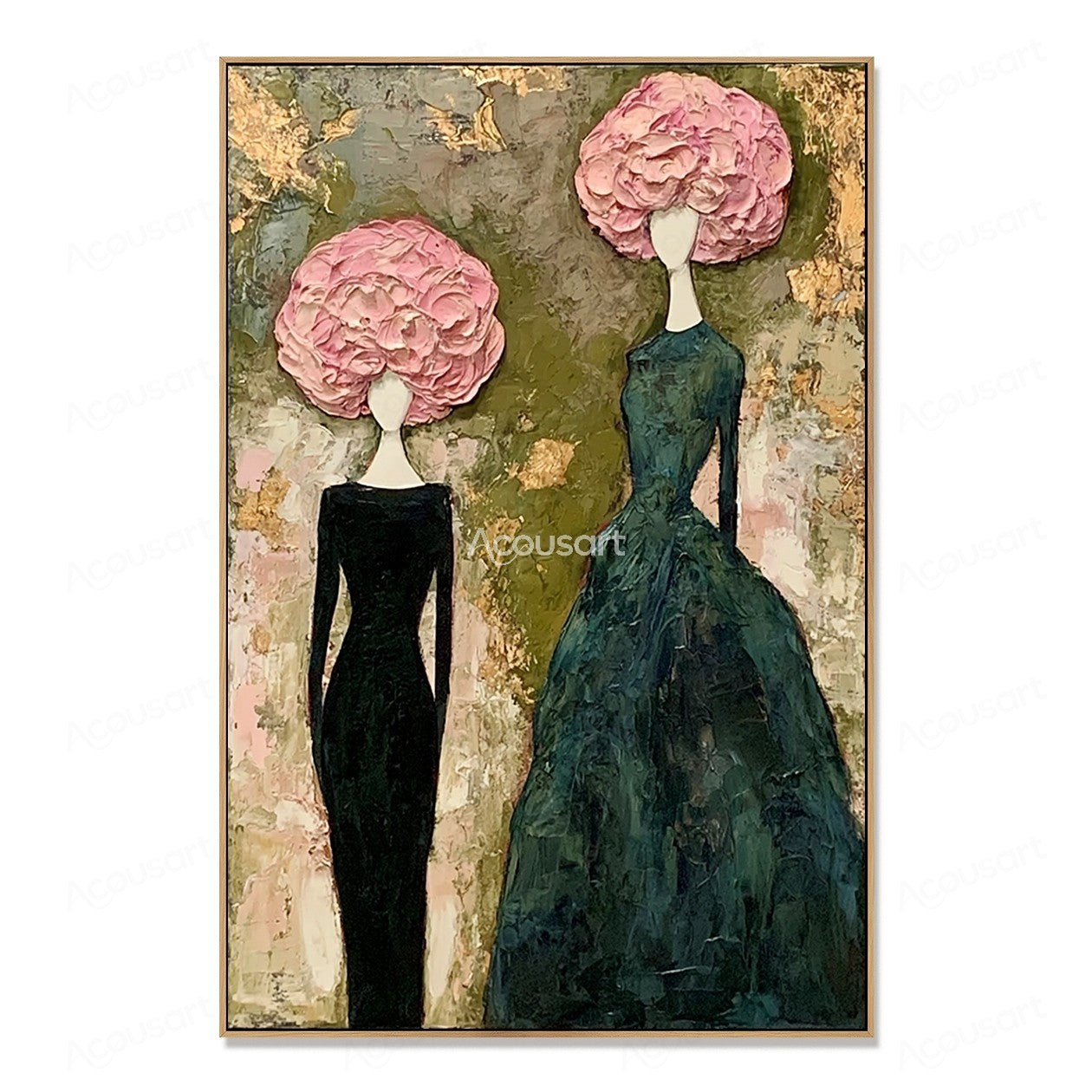 Fashion portrait wall art featuring two elegant women with pink floral hairstyles and textured dresses