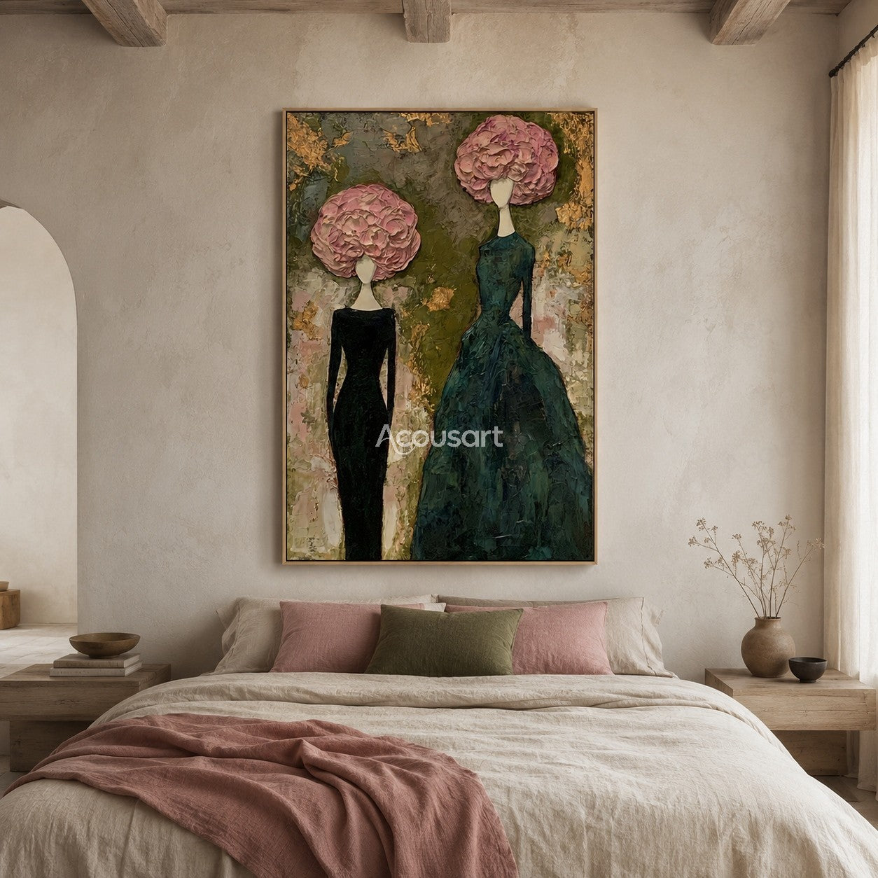 Fashion portrait wall art featuring two elegant women with pink floral hairstyles and textured dresses