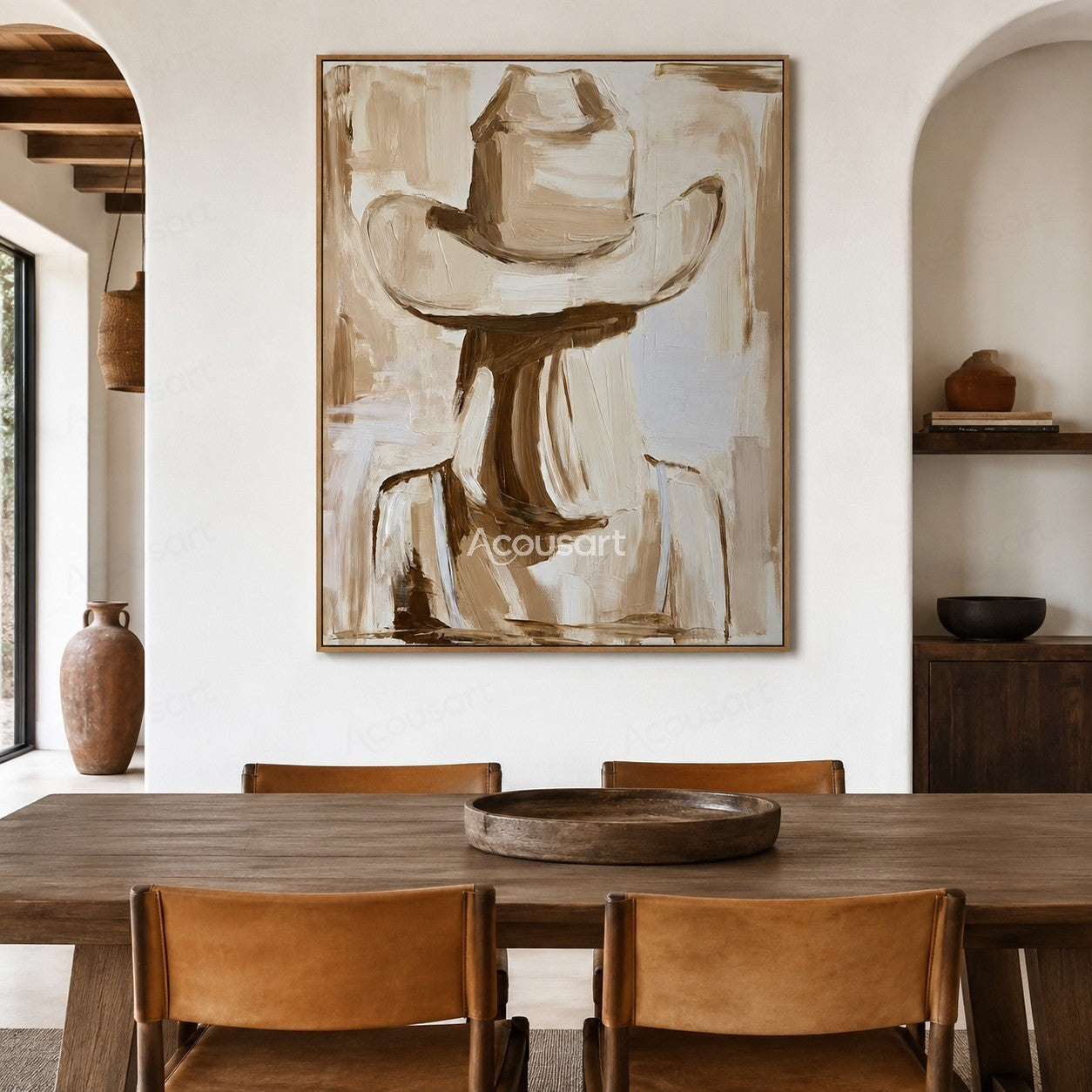 Textured cowboy hat wall art with neutral beige and brown tones in a rustic western style