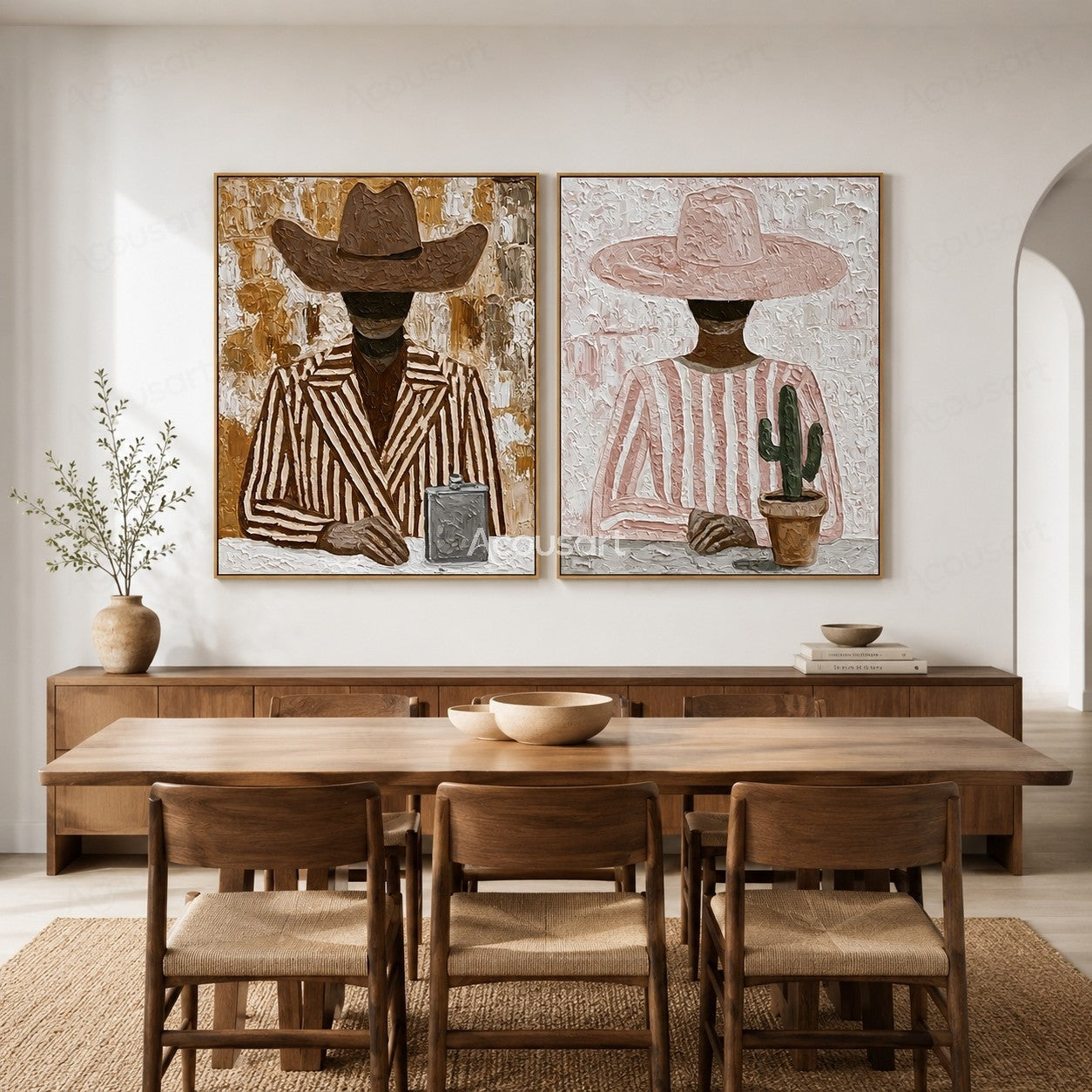 Textured western cowboy portrait wall art set with two figures wearing cowboy hats, striped clothing, and cactus decor