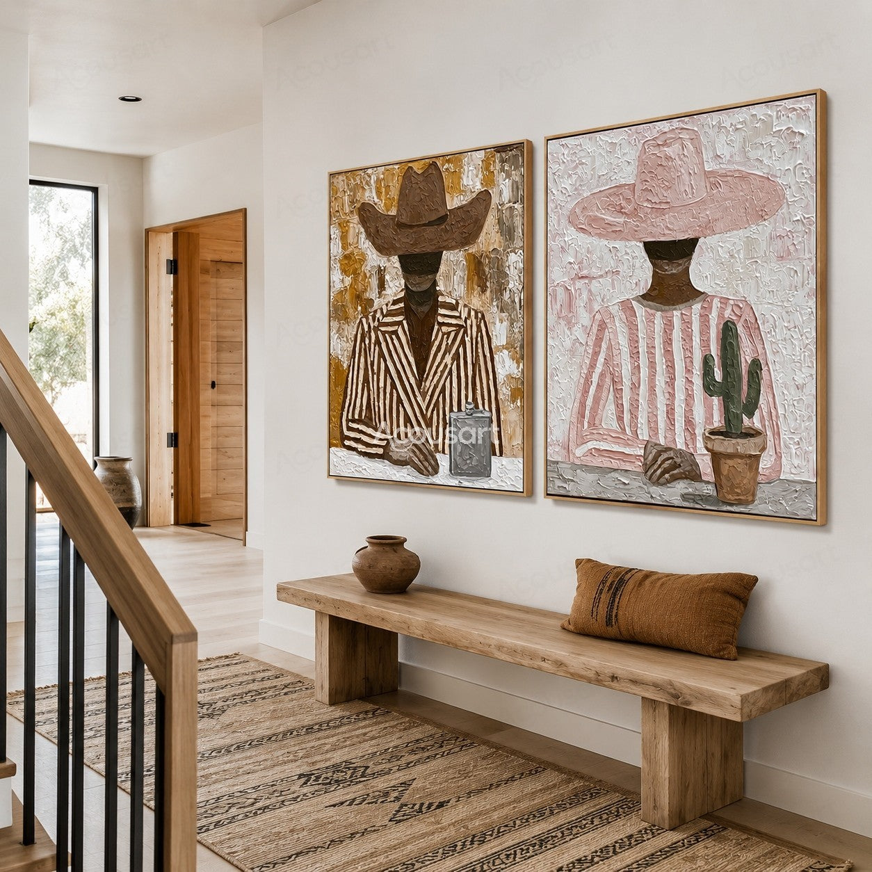 Textured western cowboy portrait wall art set with two figures wearing cowboy hats, striped clothing, and cactus decor
