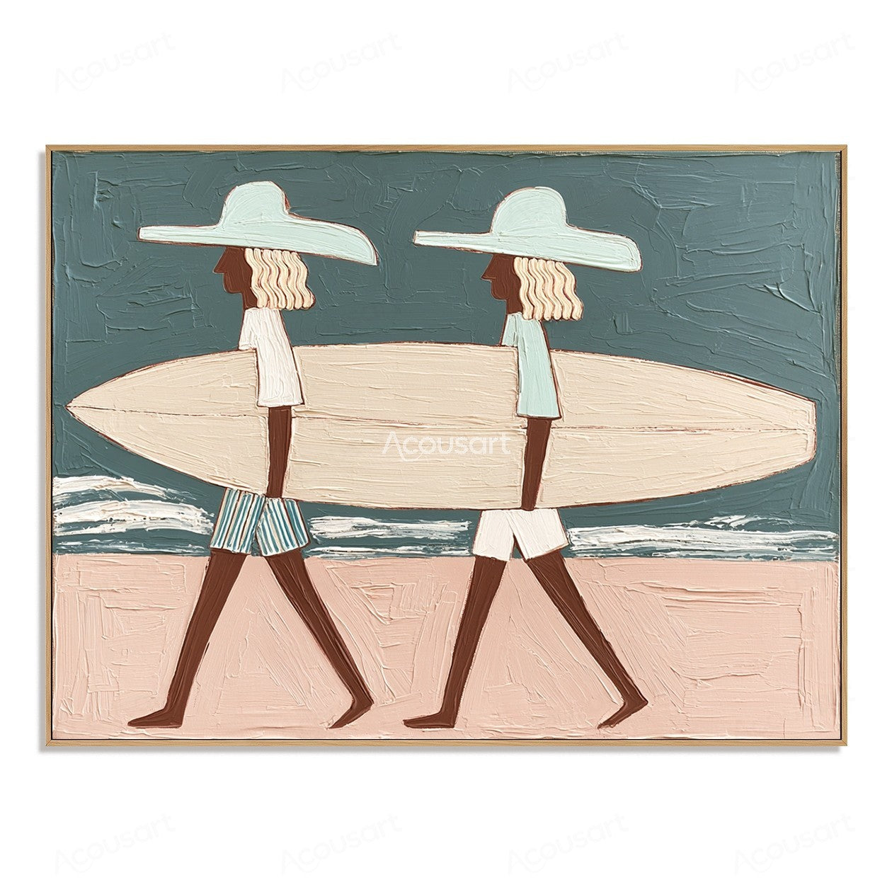Textured coastal beach wall art showing two people carrying a surfboard with ocean and sand background