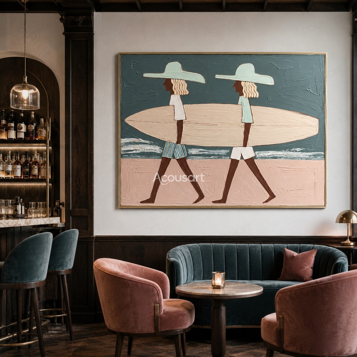 Textured coastal beach wall art showing two people carrying a surfboard with ocean and sand background