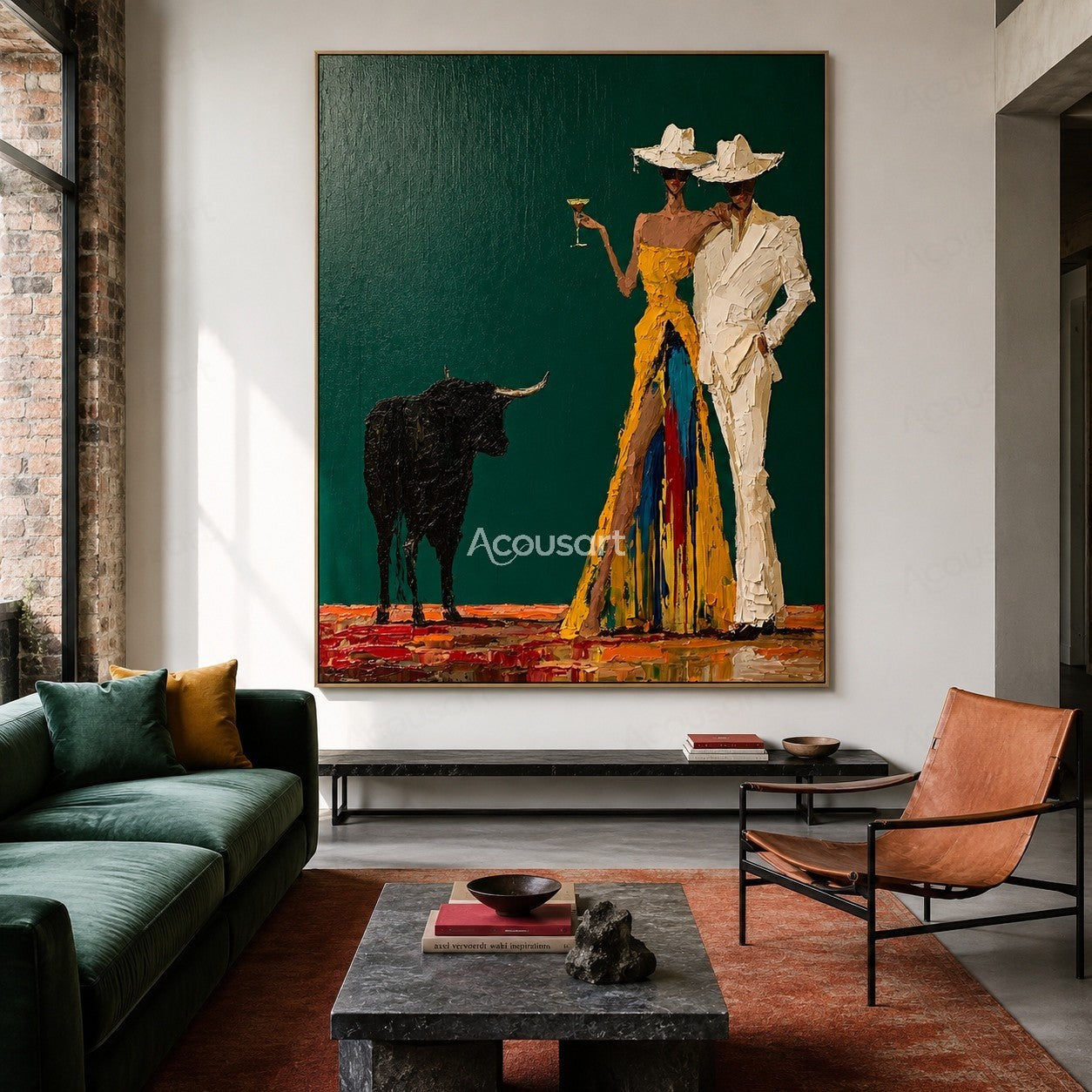 Textured western cowboy couple wall art with hats, bull, colorful outfits, and rustic desert style