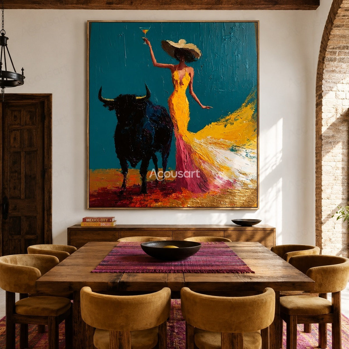 Textured western woman wall art with black bull, yellow dress, cowboy hat, and colorful abstract background
