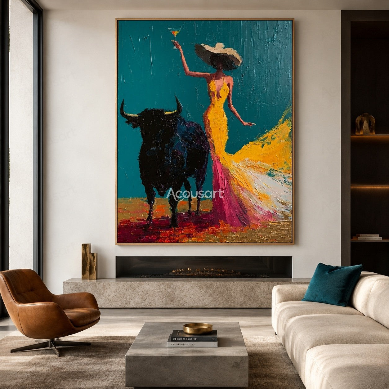 Textured western woman wall art with black bull, yellow dress, cowboy hat, and colorful abstract background