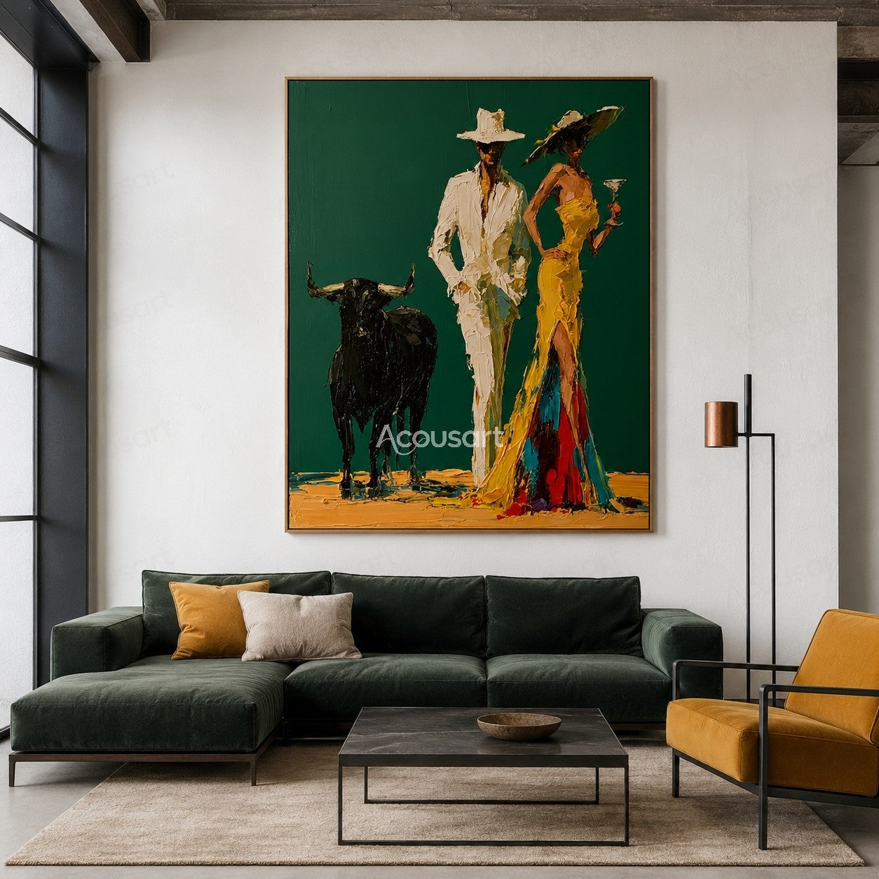 Textured western couple wall art with cowboy hats, black bull, yellow dress, and luxury rustic style
