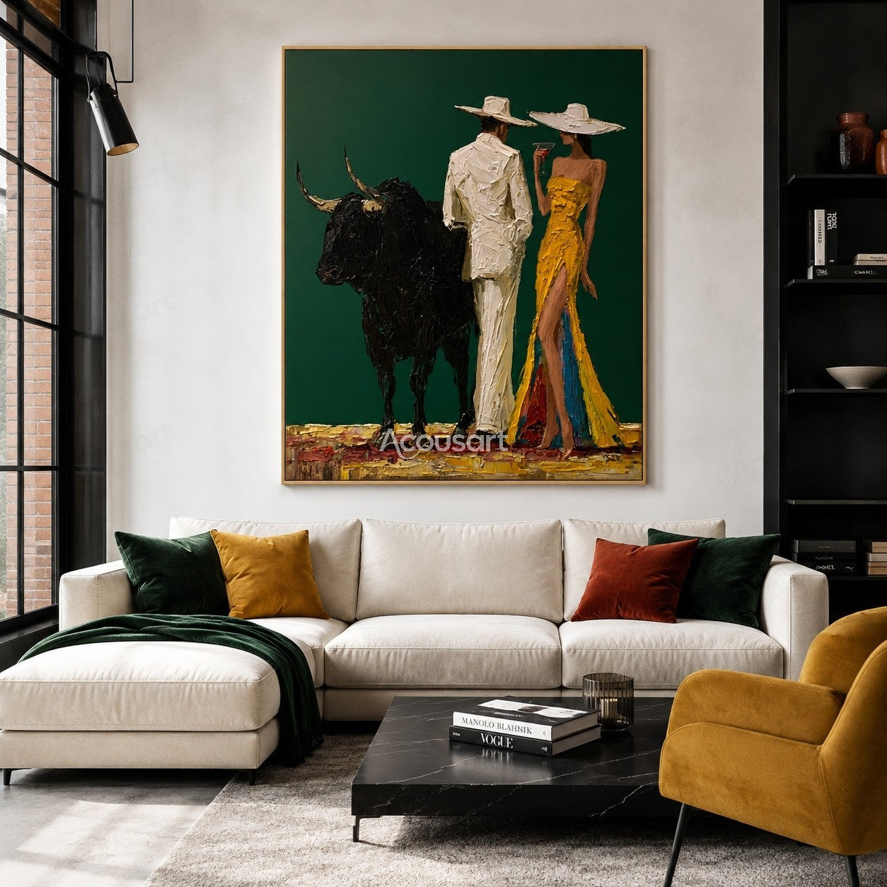 Textured western wall art featuring cowboy couple with hats and black bull on dark green background