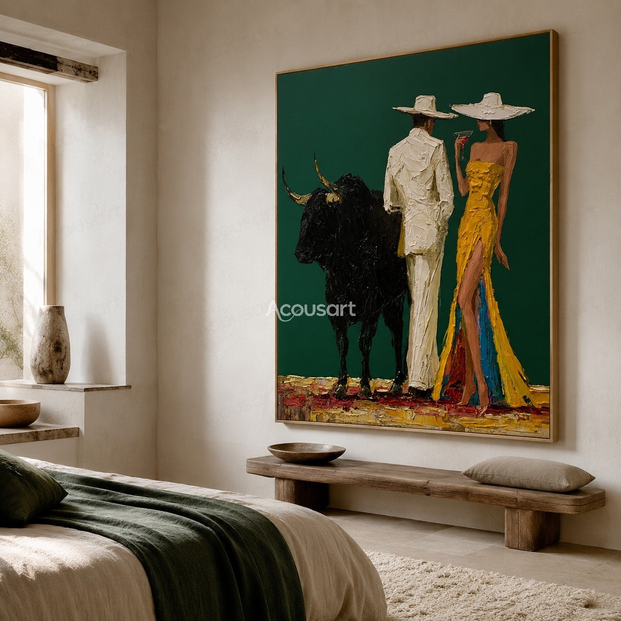 Textured western wall art featuring cowboy couple with hats and black bull on dark green background
