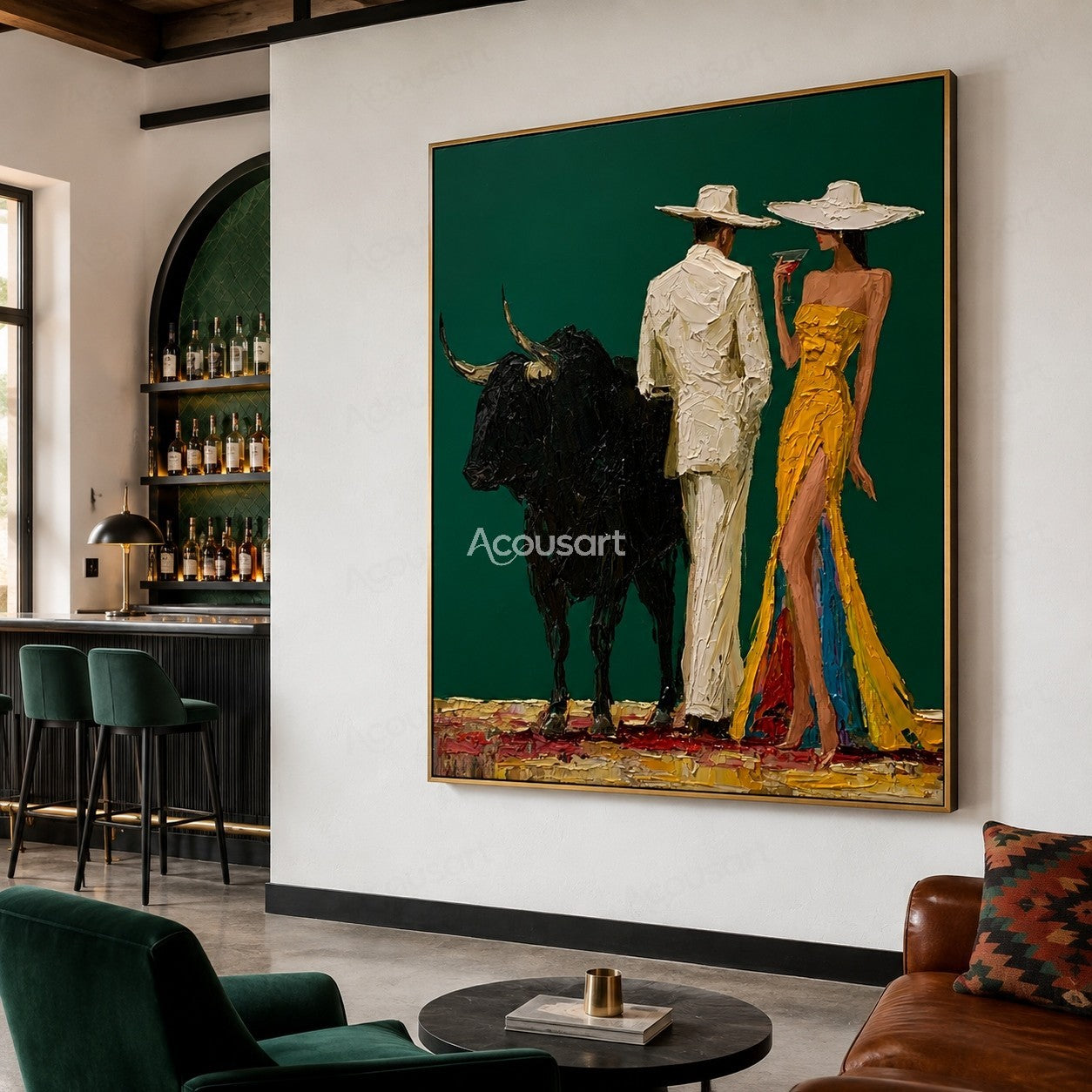 Textured western wall art featuring cowboy couple with hats and black bull on dark green background