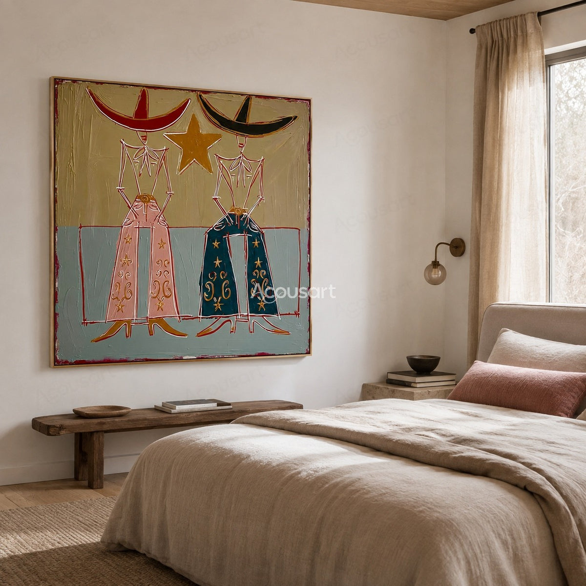 Textured Western cowboy couple wall art with hats, stars, and vintage Americana style