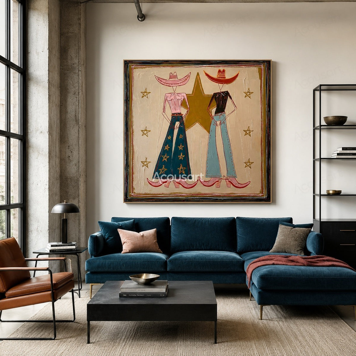 Textured cowboy couple wall art with Western hats, star details, and Americana style painting