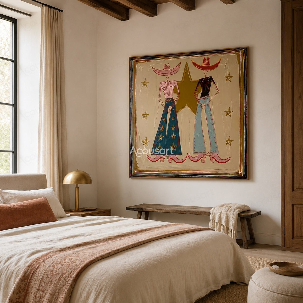 Textured cowboy couple wall art with Western hats, star details, and Americana style painting