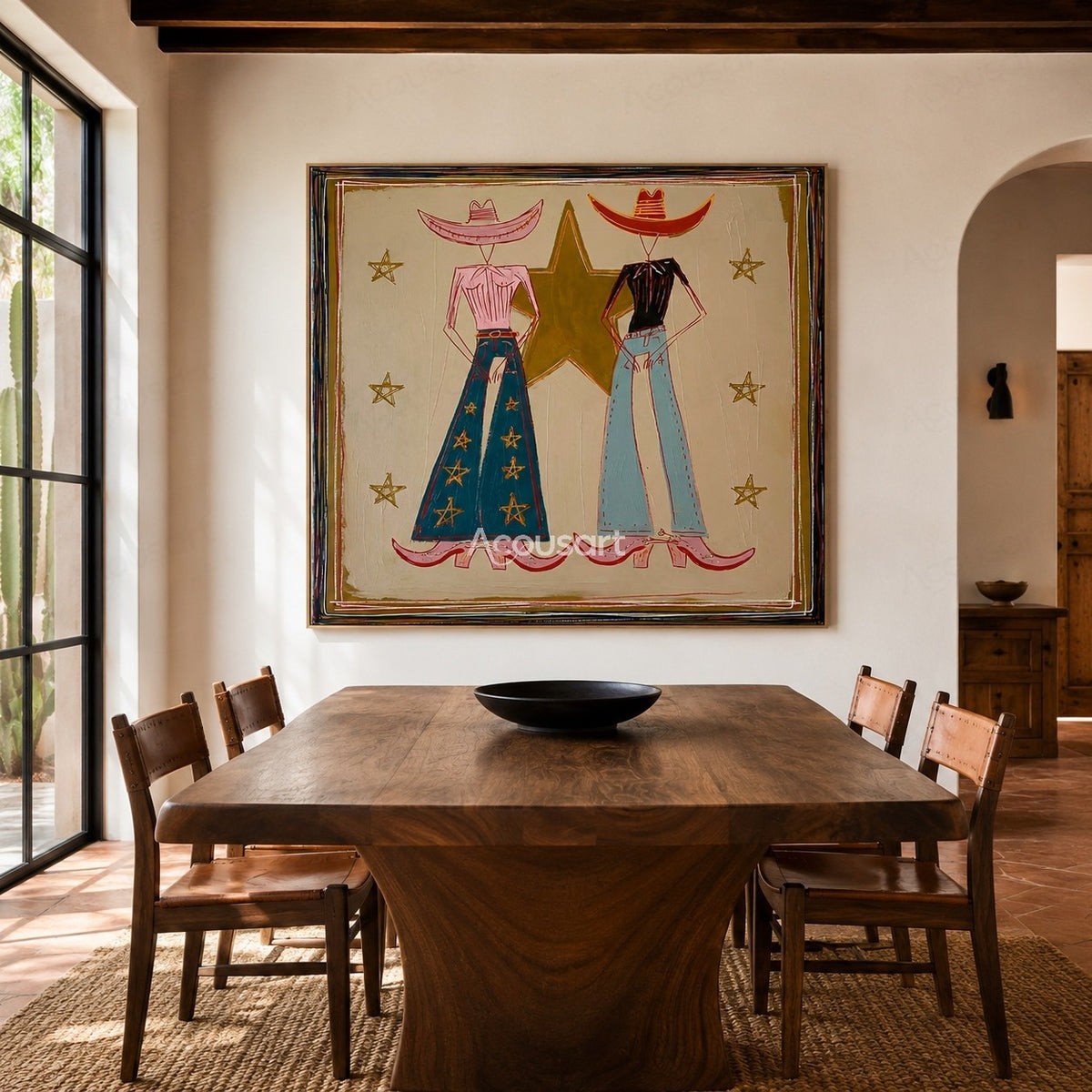Textured cowboy couple wall art with Western hats, star details, and Americana style painting